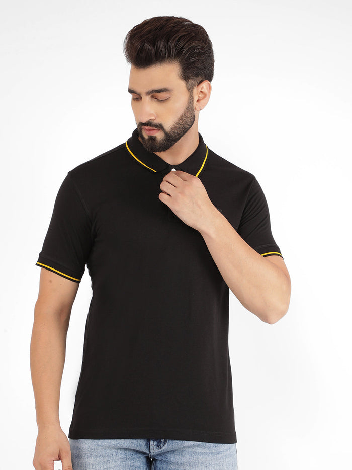 Men's Black Single Jersey Polo Neck Regular Fit T-Shirt