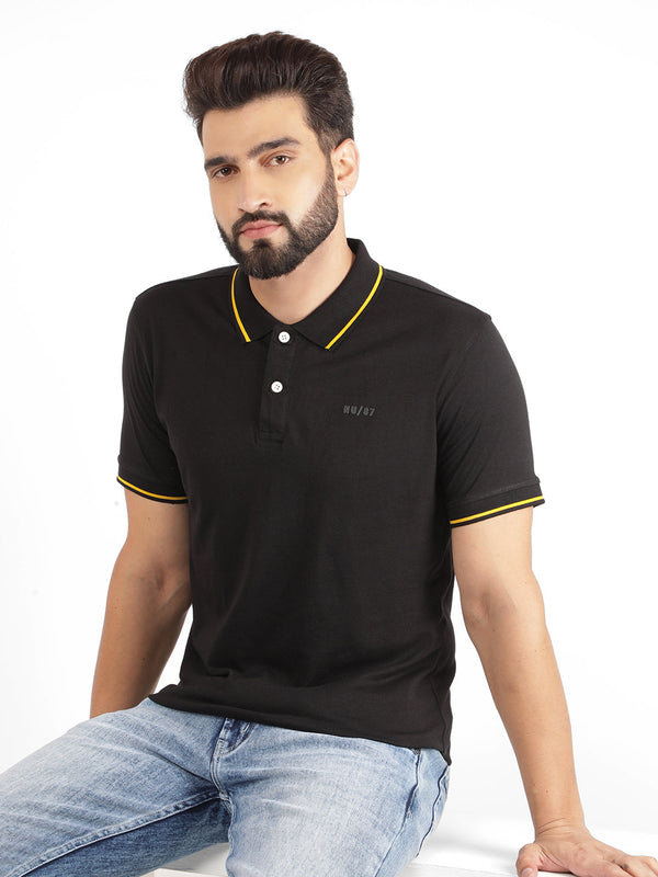 Men's Black Single Jersey Polo Neck Regular Fit T-Shirt