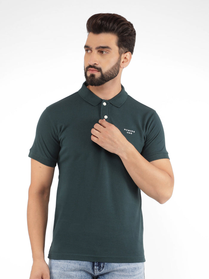 Men's Green Pique Polo Neck Regular Fit T-Shirt