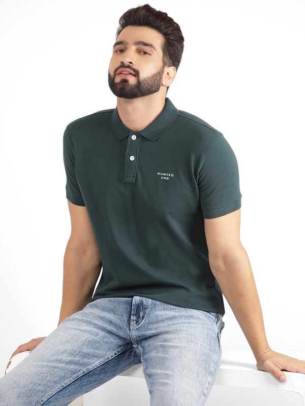 Men's Green Pique Polo Neck Regular Fit T-Shirt