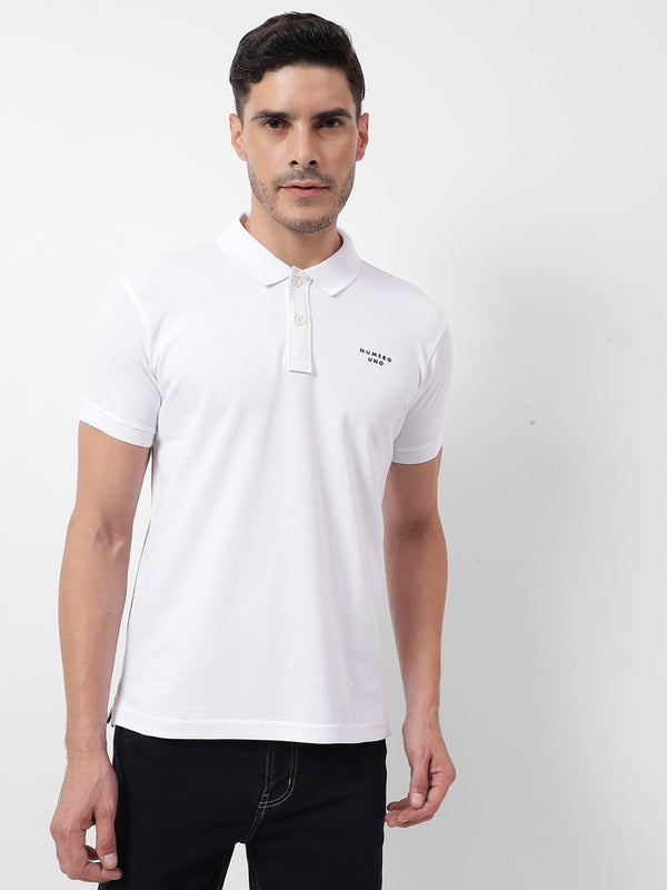 Men's White Pique Solid Polo Neck T-shirt