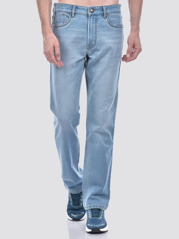 Men's Sustainable Straight Fit Distress Light Blue Heavy Wash Jeans