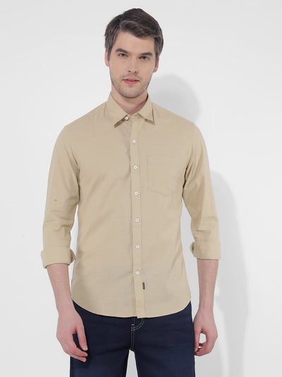 Men's Solid Beige Cotton Slim Fit Shirt