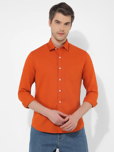 Men's Solid Orange Cotton Slim Fit Shirt