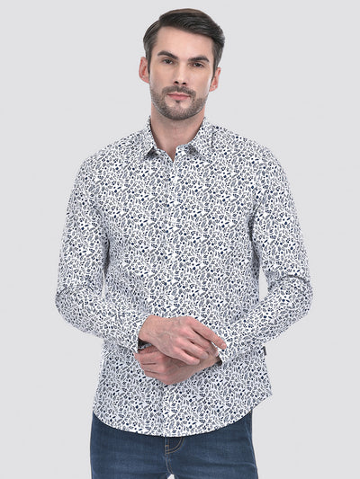 Men's Print White Cotton Blend Slim Fit Shirt