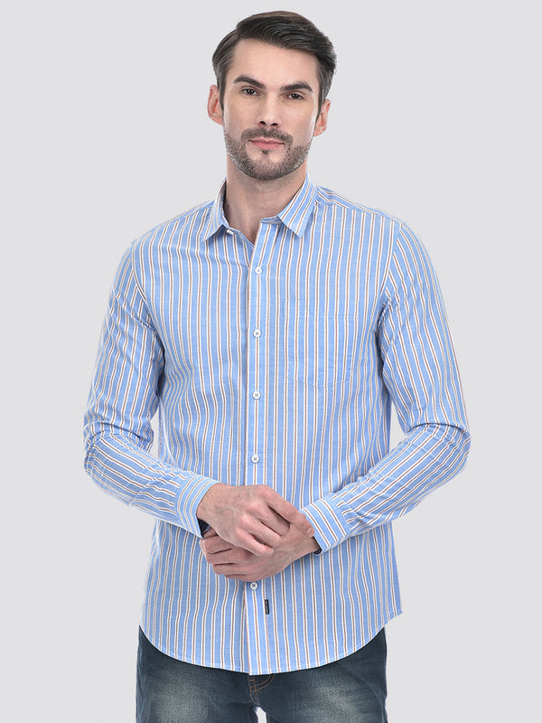 Men's Stripe Blue Cotton Slim Fit Shirt