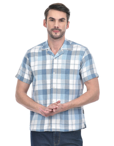 Men's Checks Blue Cotton Blend Resort Fit Shirt