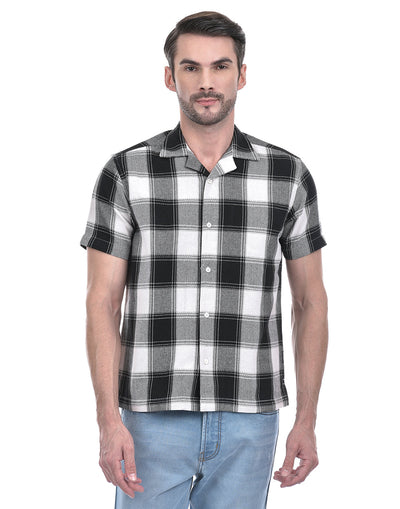 Men's Checks Black Cotton Blend Resort Fit Shirt