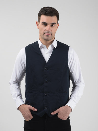 Men's Solid Blue Regular Fit Waistcoat