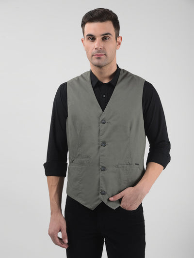 Men's Solid Grey Regular Fit Waistcoat