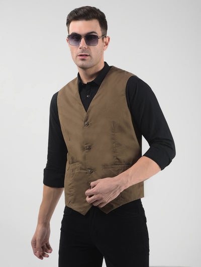 Men's Solid Brown Regular Fit Waistcoat