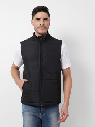 Men's Quilted Solid Black Sleeveless Jacket