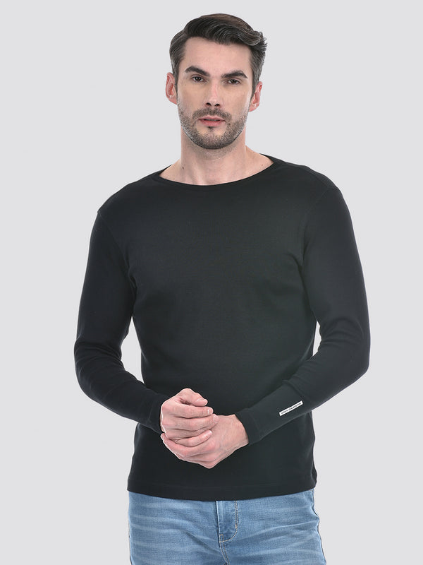 Men's Solid Black Round Neck 1x1 Rib Slim Fit T-Shirt