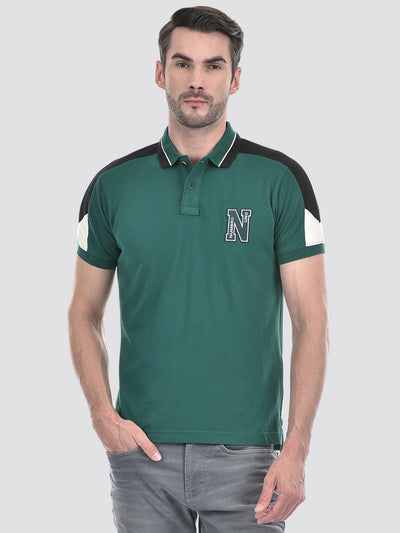 Men's Green Color Block Polo Neck Pique Regular Fit T-Shirt