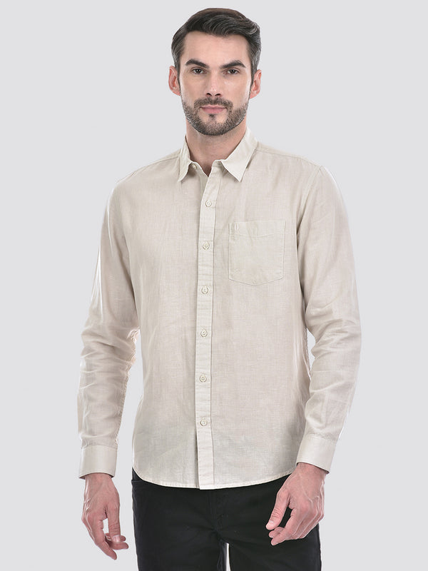 Men's Cotton Linen Solid Beige Full Sleeve Shirt