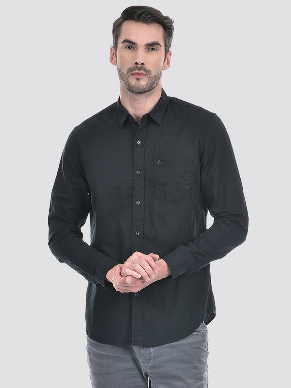 Men's Cotton Linen Solid Black Full Sleeve Shirt