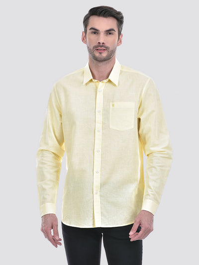 Men's Cotton Linen Solid Yellow Full Sleeve Shirt