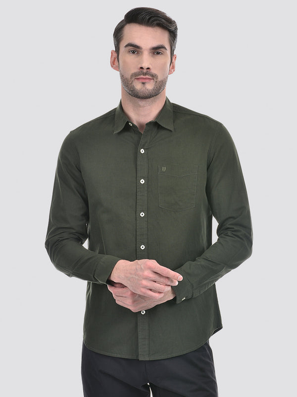 Men's Cotton Linen Solid Green Full Sleeve Shirt