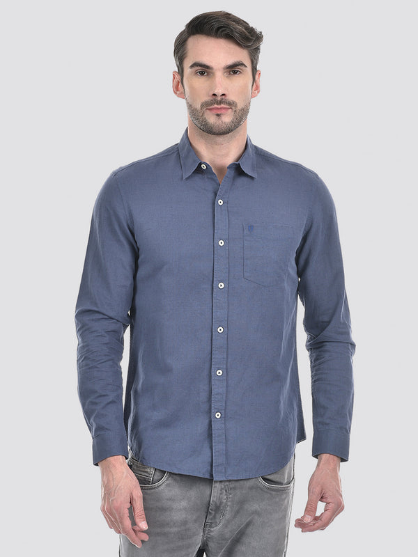 Men's Cotton Linen Solid Blue Full Sleeve Shirt