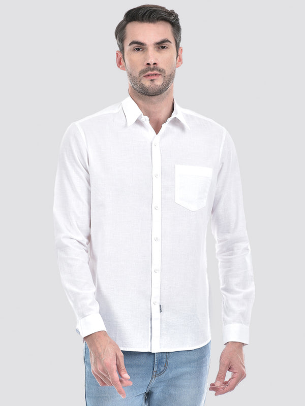 Men's Cotton Linen Solid White Full Sleeve Shirt