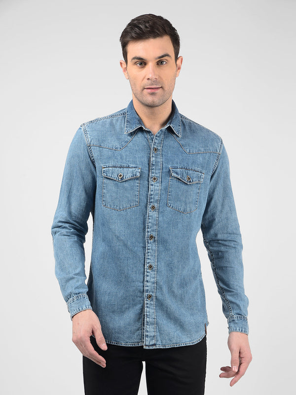 Men's Solid Blue Denim Slim Fit Shirt