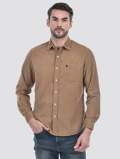 Men's Corduroy Solid Brown Full Sleeve Shirt