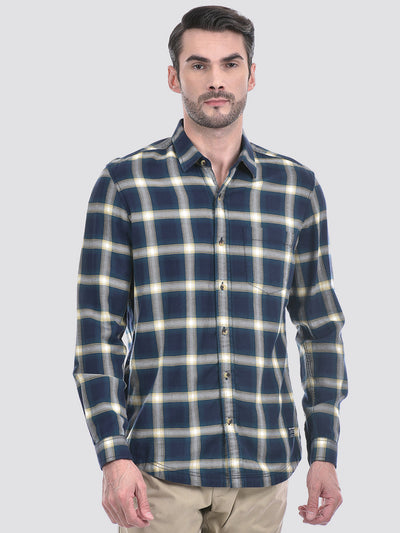 Men's Checks Blue Regular Fit Spread Neck Shirt