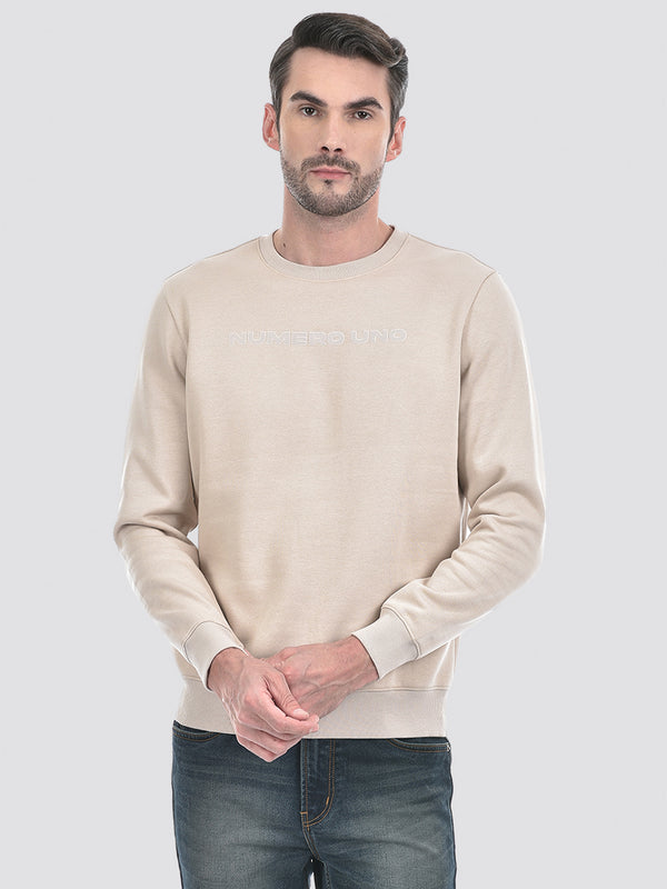 Men's Solid Beige Round Neck Brushed Fleece Sweatshirt