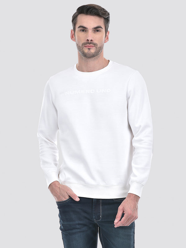 Men's Solid White Round Neck Brushed Fleece Sweatshirt