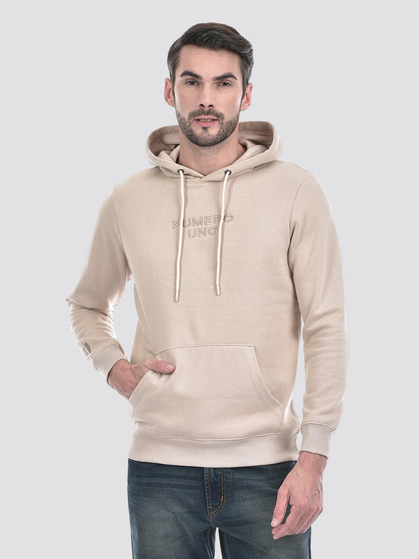 Men's Solid Beige Hooded Neck Brushed Fleece Sweatshirt