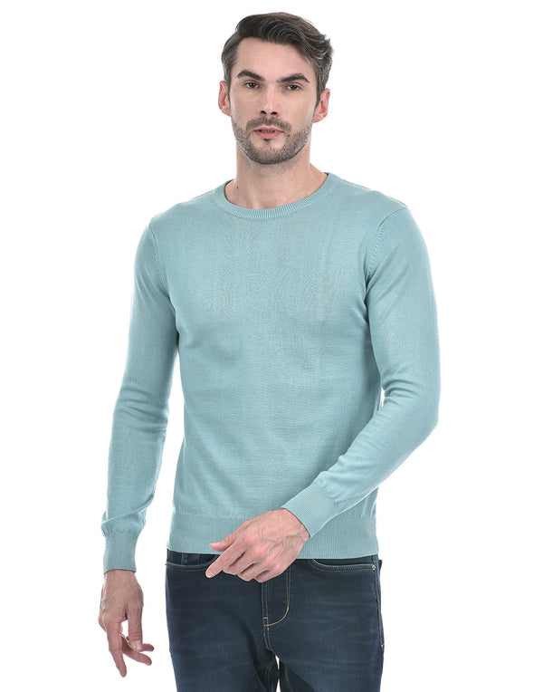 Men's Blue Solid Round Neck Flat Knitted Sweater