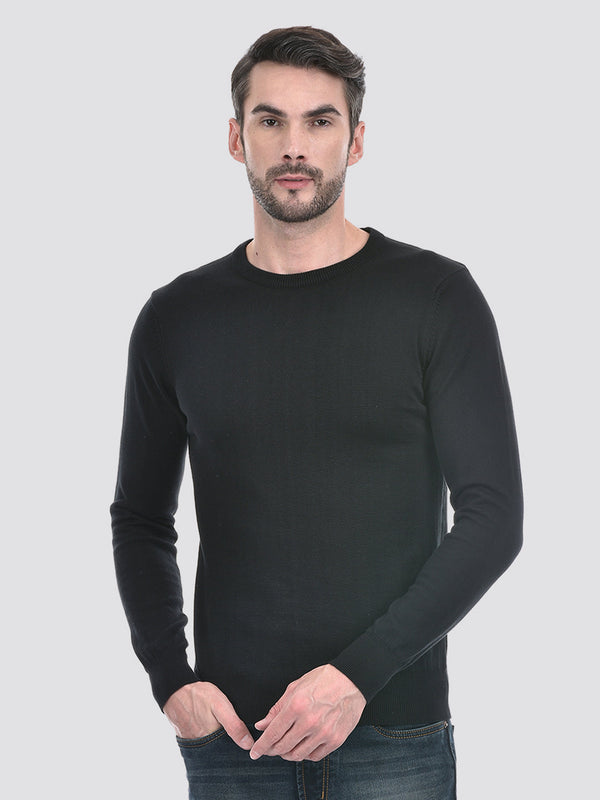 Men's Black Solid Round Neck Flat Knitted Sweater