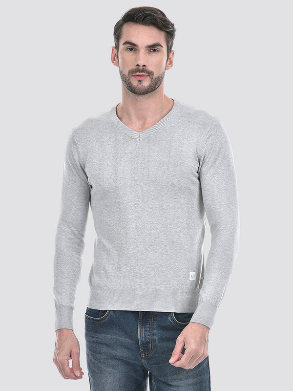 Men's Grey Solid V-Neck Flat Knitted Sweater