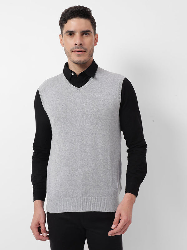 Men's Grey Solid V-Neck Regular Fit Sweater